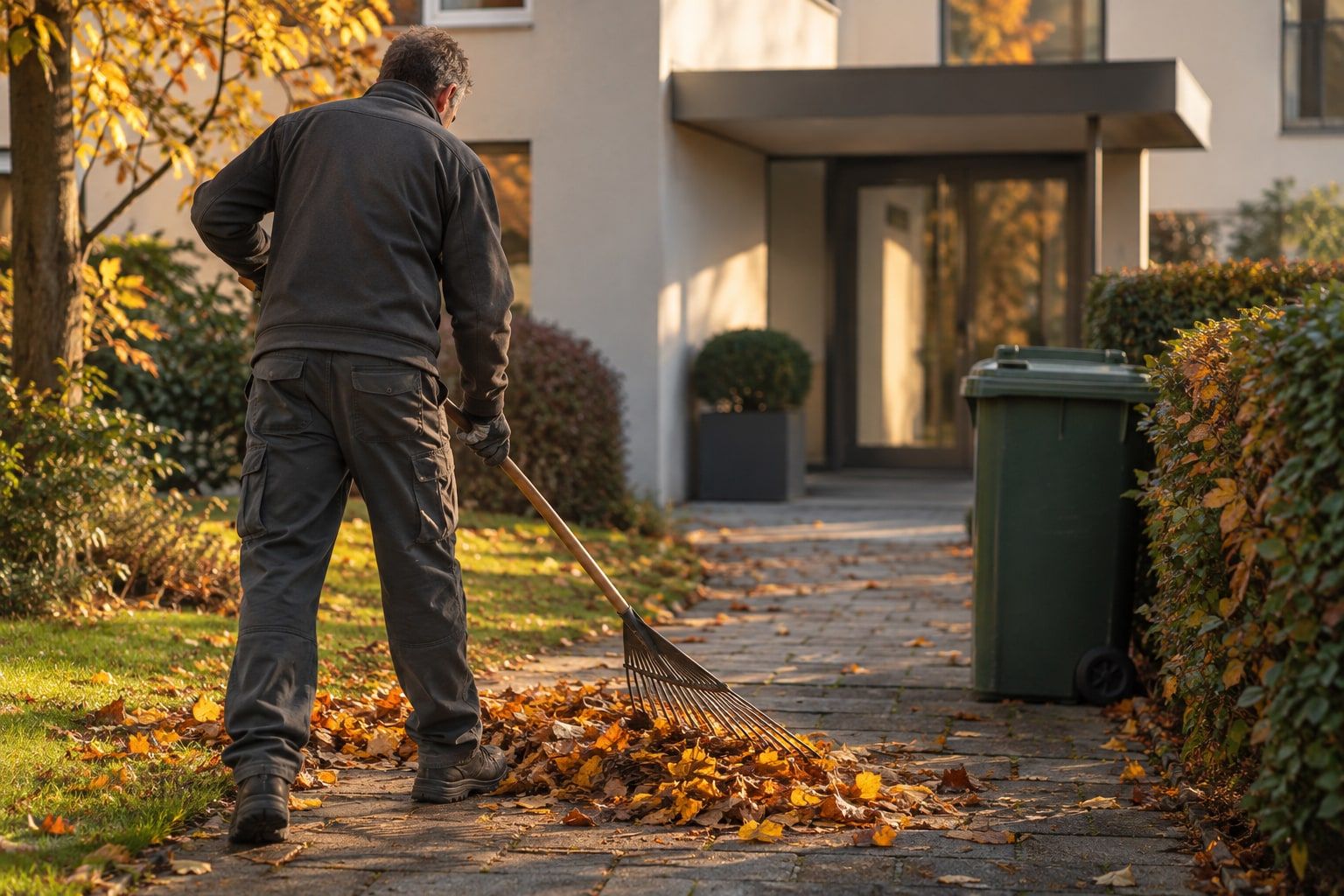 Laub wird vom Zugangsweg einer Liegenschaft gerecht